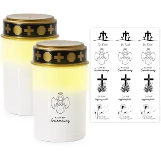 Ronoza 2 Stück LED Grablicht Weiß, Grabkerzen Led, Grablaterne Friedhof Wetterfest, Grableuchte mit Kerzentattoos, Taufkerze Junge, Led Grablichter für Draußen, Batterien nicht Inbegriffen