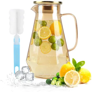 2L Glaskaraffe aus Borosilikatglas – Wasserkaraffe mit Edelstahl-Deckel & Griff, Hitzebeständig & Spülmaschinenfest, Glas-Krug für Eistee, Wasser, Saft, Wein & Kaffee