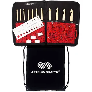 ChiaoGoo T-Spin Tunesisches austauschbares Häkelnadel-Set, Bambus, 14,5 cm, US-Größen E, F, G, 7, H, I, J, K, L, M und N, gebündelt mit Artsiga Crafts Project Bag