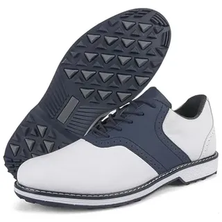 LZQpearl Herren Golfschuhe, Leder Business Golfstiefel ohne Spikes, Klassische, atmungsaktive, rutschfeste, lässige Golf-Trainings-Sneaker White&Blue, 43 - 43 EU