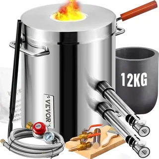 Vevor Schmelzofen Propan Metall Schmelzofen 12 kg, Edelstahl Schmelzofen Gas 1482 °C inkl. 2 Brenner, 1 x Tiegel, Schmiede Messerherstellung Schmiedeset für Kupfer, Aluminium, Gold, Silber usw.