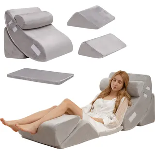 Costway 4-teiliges orthopädische Kissen-Set, Memory-Schaum-Keilkissen mit Abnehmbarer Kopfstütze, bequemes und verstellbares Lesekissen, Bettkeilkissen Rückenstützkissen zum Schlafen Lesen