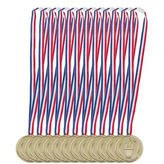 Relaxdays Goldmedaille Kinder 12er Set, Band, Fackel, Auszeichnung für Siegerehrung, Medaillenset, 5 cm Ø, Plastik, Gold, Pack