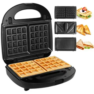 OZAVO Sandwichmaker 3 in 1, Waffeln, Paninitoaster, 3 abnehmbare Grillplatten, Tisch-Grill für Toast, Waffeln, Fleisch, Schwarz, 750W