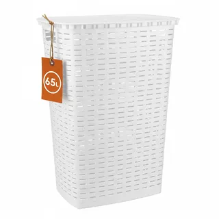 Spetebo Kunststoff Wäschekorb in Rattan Optik Liter - weiß - Wäschebox mit Deckel und Tragegriffen - Wäschetruhe Wäschesammler Wäschetonne mit Griff feuchtraumbeständig