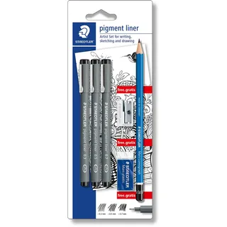 Staedtler pigment liner 308 Fineliner, 3er Set (0.3, 0.5, 0.7), 1 Radierer + 1 Spitzer, 308 SBK3P