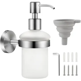 EXLECO Seifenspender Glas 200ml Shampoo Duschgel Flasche Wandmontage Shampoo Spender Händedesinfektionsbox Manueller Gebürstet Seifenschale Satinierte Glasflasche mit Abnehmbare Halterung & Trichter