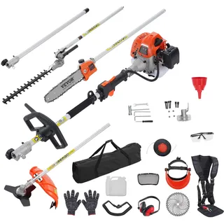 VEVOR 33CC 6-in-1 Heckentrimmer, Benzin-Heckenschere, Unkrautvernichter, Fadentrimmer, Freischneider, Kantenschneider, Hochentaster, Kettensäge, Astsäge mit Verlängerungsstange