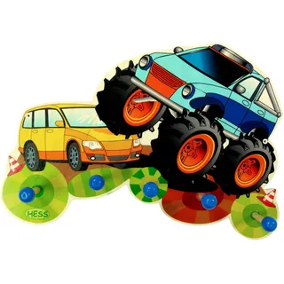 Hess Spielzeug Hess Holzspielzeug 30297 - Garderobe aus Holz, Serie Monstertruck, mit 5 Haken, für Kinder, ca. 37 x 25 x 6,5 cm groß, handgefertigt, für Kinderzimmer und Flur