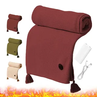 Heizdecke mit Akku, 2025 Neu Elektrische Heizdecke Tragbare Beheizbare Wärmedecke Elektrisch mit 3 Heizstufen für Zuhause, Reisen und Camping (Rot, mit Powerbank)