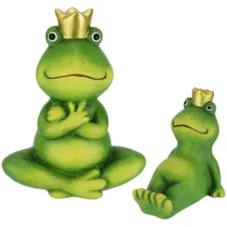 Deko Garten Figur Froschkönig 2er Set 9+18 cm Frosch Terrakotta Grün mit Gold-Krone Dekofigur Märchenfrosch Gartendeko Tierfigur für Frühling Sommer Herbst Garten Deko Statue Gartenfigur, Mit Krone