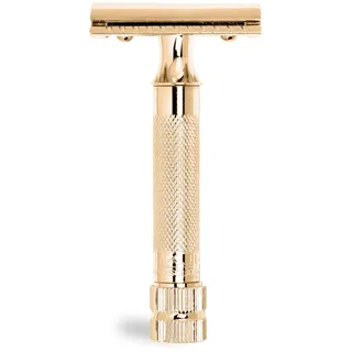 Merkur Rasierhobel 34G Glanzgold | Dreiteiliger Rasierer mit geradem Schnitt | Geschlossener Kamm | Ideal für Nassrasur | Zinkdruckguss | Messing Griffstück | Made in Germany