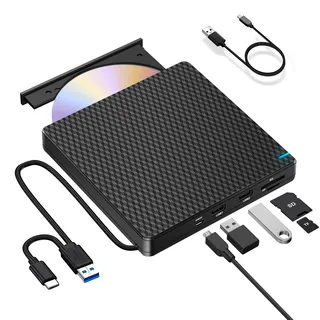 NOLYTH Externes DVD Laufwerk USB-C: CD Laufwerk Extern USB mit SD/TF Slot/2 USB Ports Plug & Play - Tragbar Externer CD/DVD Brenner und Player für Laptop Windows 11 PC Mac MacBook