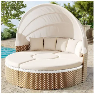 Celya Gartenlounge-Set Loungeset Rattan Sonneninsel (Set, 5-tlg), mit ausziehbares Baldachin, für 4-6 Sitzer sofas,1anhebbare Tischplatte,5 Kissen und gepolstert beige