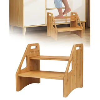 Tefola 2 Stöckig Fußbank Holz, Toilettensitz im Treppenhaus, Badezimmer Fussbank, Einstellbare Bodenhöhe Trägt 300 Pfund Trittleiter Holz mit Tragbarem Griff Trittleiter