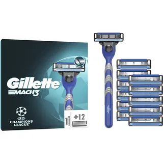 Gillette Mach3 Standard Rasierer für Männer UEFA Champions League Special Edition, 1 Rasierer, 12 Ersatzklingen, Mit Gleitstreifen und Klingenbeschichtung, inkl. Reiseschutzkappe