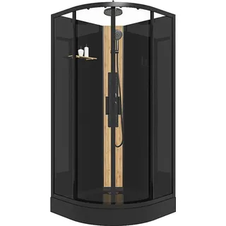 vente-unique Viertelkreis-Duschkabine mit Hydromassage - Duschpaneel aus Bambus - Schwarz - 90 x 90 x 225 cm - TILOMA