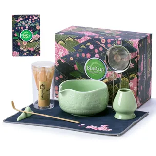 Buucup 7-teiliges Matcha-Set, Keramik-Matcha-Schüssel, Bambus-Matcha-Schneebesen, Bambusschaufel, Schaufelablage, Edelstahlsieb, Kirschblüten-Geschirrtuch - Grün