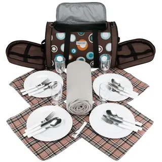 anndora Picknick Kühltasche inkl. Picknick Decke Geschirr Besteck für 4 Personen braun hellblau