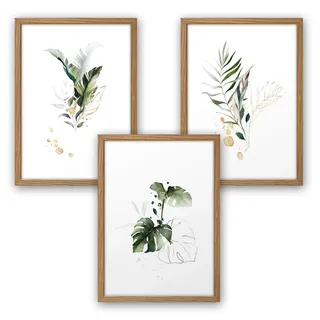 3-teiliges Premium Poster-Set | Kunstdruck | Botanik grün | Blätter | Deko Bild für Ihre Wand | optional mit Rahmen | Wohnzimmer Schlafzimmer Modern Fine Art | DIN A4 / A3 (A4, natur Rahmen)