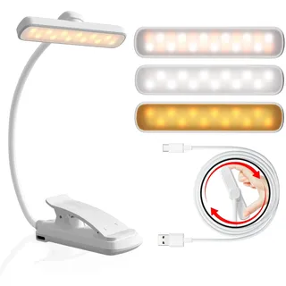LUTW Leselampe Buch Klemme, USB Wiederaufladbare Buchlampe Dimmbar mit 24 LEDs, 3 Farbtemperatur Modi & 5 Helligkeiten Augenschutz Leselicht, 1000mAh, 360° Drehbare Leselampe für Lesen, Reisen, Weiß