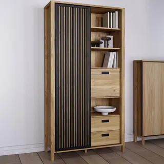 Forte JYTANA Schrank 100 105, skandinavischer Schrank mit 3 Schubladen, 2 Türen und 3 Regalfächern, Mauvella Eiche Holzdekor/Schwarz, 103,4 cm breit x 200,3 cm hoch x 40,2 cm tief
