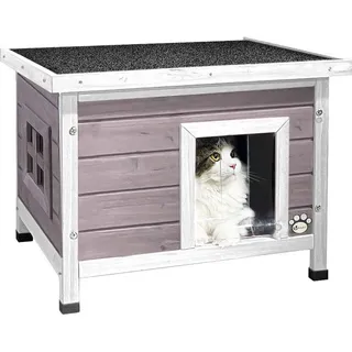 VOUNOT Katzenhaus aus Holz, Katzen Haus Katzenhütte für Draussen Outdoor, Grau