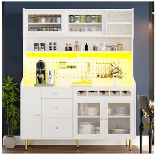 KLAM HOME Küchenbuffet Moderner Küchenschrank Mit LED Beleuchtung Und Glasschiebetüren (Hochschrank Mit Höhenverstellbaren Böden Und Weinfach Für Wohnzimmer) Küchenbuffet Esszimmerschrank Mit App Steuerung Und Stauraum weiß