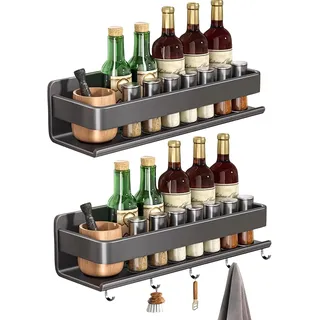 Nexoria Gewürzregal, Gewürzregal Wand Ohne Bohren Küchenregal Ohne Bohren Küchenregal Hängend Mit Haken Edelstahl Küchenhalterung Gewürzhalter Organizer Hängend Küchenregal Wand für Küche (AB, 30cm)