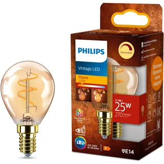 Philips Vintage Amber Spiral P45 Lampe, dimmbar, flimmerfrei, EyeComfort, 270 Lumen, Flame (2200 K), 3.1 W=25 W, E14 Sockel, 1er Pack