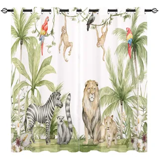 YUANZU Afrikanische Tier Vorhänge Safari Dschungel Löwe Zebra Affen Papageien Palmen Blumen Ösen Gardinen mit Blickdichte Vorhang Blackout Curtain Kinderzimmer Schlafzimmer 2 Stück, H 200 x B 140 cm