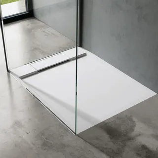 doporro Duschtasse Duschwanne 75x100x4 flach Mineralguss in Weiß DIN-Anschlüsse für bodengleiche Montage geeignet Geoma04 -