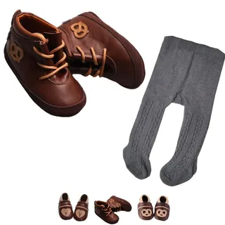 Set: Dunkelbraune Baby Lederschuhe mit Brezel Applikation und dunkelgraue Strumpfhosen mit Zopfmuster Gr. 18/19 passend zu Baby Trachten und Lederhosen. - 6-12 Monate