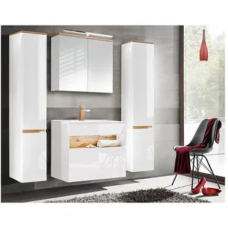 Lomadox Badmöbel-Set BERMUDA-56, (Spar-Set, 4-St), Weiß-Hochglanz mit Wotaneiche 190/200/45cm weiß