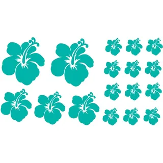 XL Design Set F in Türkis 17 Stück HIBISKUS Blüten Wandtattoo Blumen oder Autoaufkleber selbstklebende Wandsticker Out- & Indoor, Wandaufkleber & Fensterbild wählen Sie aus 32 Farben!