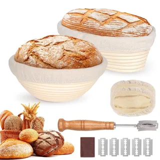 2er-Set Gärkörbchen, Gärkorb Brot Set, Runde & Ovale Gärkorb Brotbacken-Set | Brotkorb Mit Brotmesser mit fünf Klingen, Waschbarem Leineneinsatz, für Professionelle und Häusliche Bäcker