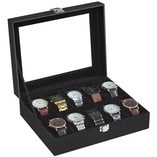 Songmics Uhrenbox mit 10 Fächern, Uhrenkasten, Glasdeckel