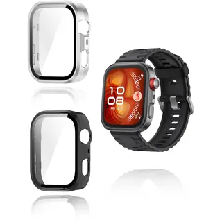 (2 Stück) Schutzhülle für Huawei Watch FIT 4 Pro Smart Watch, yystao härtere PC-Schutzhülle mit 9H-Glas-Schutzfolie, vollumfassende einheitliche Schutzabdeckung, Schwarz & Silber