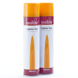 UNILITE Feuerzeuggas zum Nachfüllen von Gasfeuerzeug, Küchenbrenner, Flammbierer, Stabfeuerzeug, Sturmfeuerzeug & Co. – 2 x 300 ml Gaskartusche mit je 6 x Adapter – Lighter Gas – Nachfüllgas