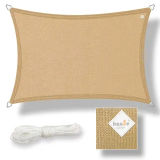 hanSe Sonnensegel rechteckig, Segeltuch Rechteck, 3x4m in Sand, aus HDPE Gewebe, wetterbeständig, mit UV Schutz und Sonnenschutz, für Garten, Balkon und Terrasse