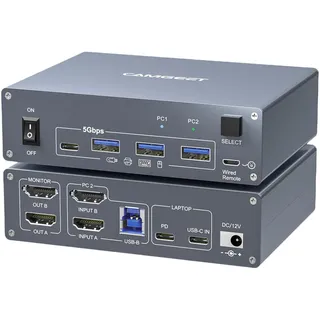 Camgeet USB C KVM Switch 2 PC 2 Monitore 4K@60Hz, Dual Monitor KVM Switch HDMI für 1 Laptop 1 Desktop & 2 Monitore, mit 4 USB3.0 Ports, PD 80W Laptop-Ladung, USB C KVM mit Wired Remote & USBC Kabel
