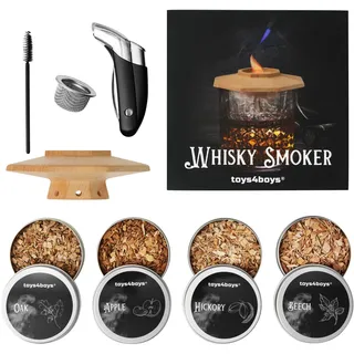 Toys4Boys Whisky Smoker Set - Premium Whiskey Smoker Set mit Holzhaube samt 4 Aromaspänen und Feuerzeug - Perfekte Whiskey Geschenke für Männer - Whisky Geschenkset zur Infusion ohne Butan