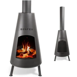 BonFeu BonPyra Schwarz - Terrassenofen - Feuerstelle mit Funkenschutz für entspannte Abende - Feuersäule Outdoor - Terrassenkamin mit Grillrost - Gartenofen hochwertigem Cortenstahl