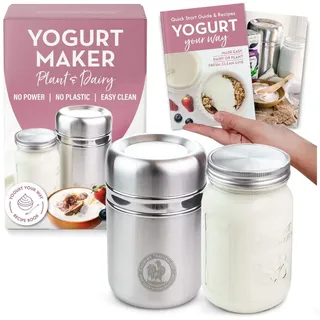 Joghurtbereiter aus Edelstahl mit 1 Quart Glas und komplettem Rezeptbuch für 12+ einfache hausgemachte milchfreie und Milchjoghurts
