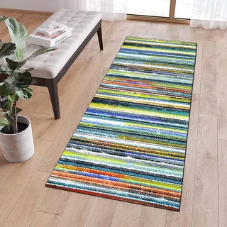 QQrunner Läufer Lang Flur rutschfest Teppich Küche 60x100cm Gestreift Bunt Teppichläufer Waschbar Meterware Lang Küchenteppich Schlafzimmer Korridor, Anpassbare Größe, 40-120cm Breit
