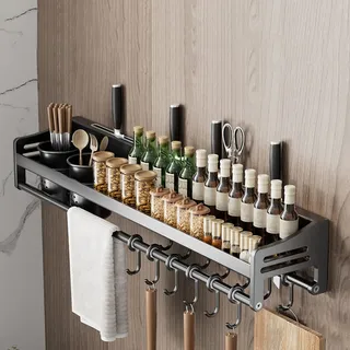 Giural 70cm,Gewürzregal Wand mit Küchenrollenhalter und Abnehmbare Haken, Küchenregal Ohne Bohren aus Edelstahl, Gewürz Organizer Hängend für Zur Aufbewahrung von Gewürzen, Dosen, Gläsern
