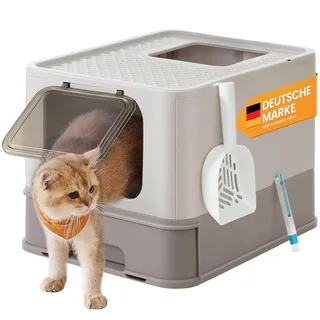 Songmics Feandrea Katzentoilette, mit Deckel, ausziehbares Tablett, Schaufel, Bürste, für Katzen bis 15 kg, weniger Spuren, auslaufsicherer Boden, haferflockenfarben-warmgrau PPT001G01