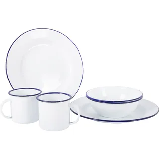 Bo-Camp Emaille Geschirr-Set, 6-teilig, weiß/blau