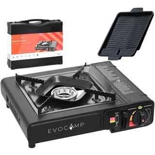 evocamp Gaskocher 1-flammig mit Grillplatte BBQ 38 cm inkl. Tragekoffer