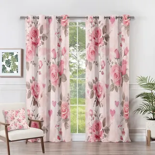 Vorhänge Blumen - Rosen Blumen Rosa Botanische Fenster Gardinen mit Ösen, Vorhang Blickdicht Verdunklungsvorhänge Thermovorhang für Wohnzimmer Schlafzimmer Deko 2er Set, H 166 x B 75 cm I#-49